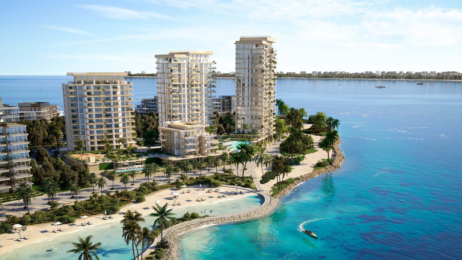 Bay Grove Residences by Nakheel on Dubai Islands - beachfront towers, pool deck and turquoise water